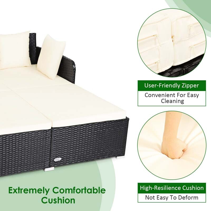 Outdoor Wicker Rattan Daybed, 2 Person Patio Chaise Lounge Chair with Cushions & 4 Pillows for Poolside Backyard Garden Balcony