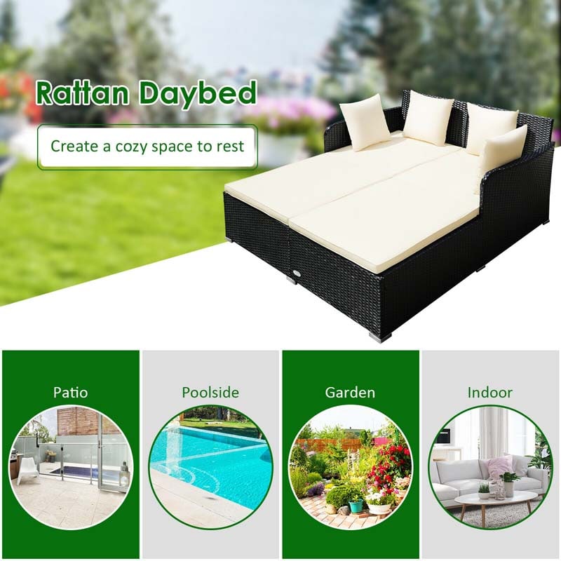 Outdoor Wicker Rattan Daybed, 2 Person Patio Chaise Lounge Chair with Cushions & 4 Pillows for Poolside Backyard Garden Balcony