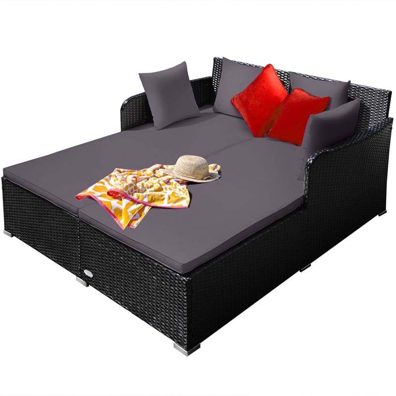 Outdoor Wicker Rattan Daybed, 2 Person Patio Chaise Lounge Chair with Cushions & 4 Pillows for Poolside Backyard Garden Balcony