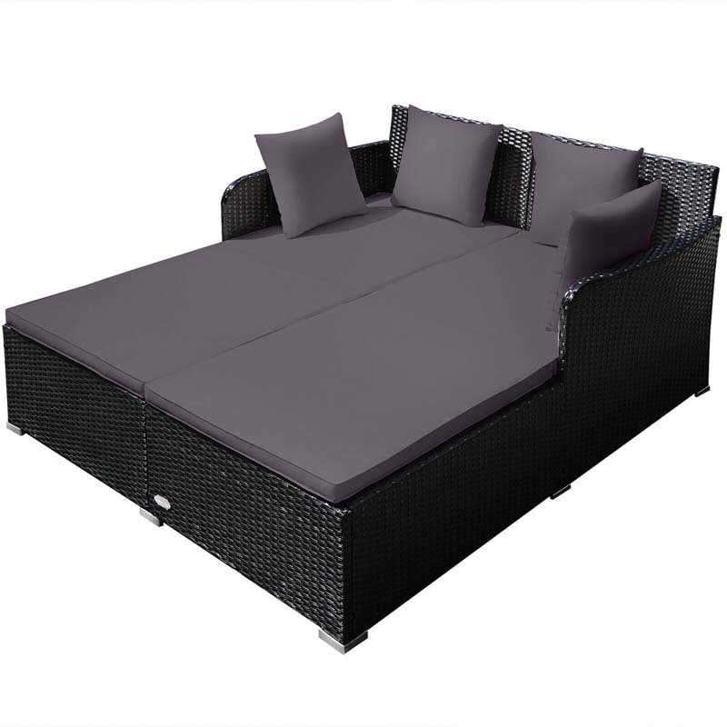 Outdoor Wicker Rattan Daybed, 2 Person Patio Chaise Lounge Chair with Cushions & 4 Pillows for Poolside Backyard Garden Balcony