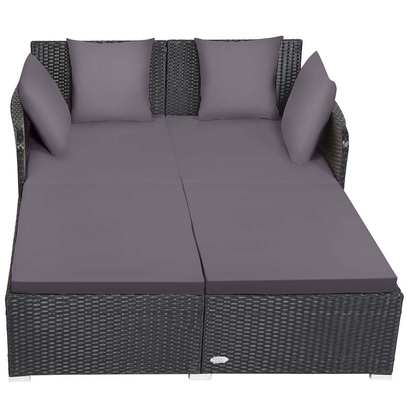 Outdoor Wicker Rattan Daybed, 2 Person Patio Chaise Lounge Chair with Cushions & 4 Pillows for Poolside Backyard Garden Balcony