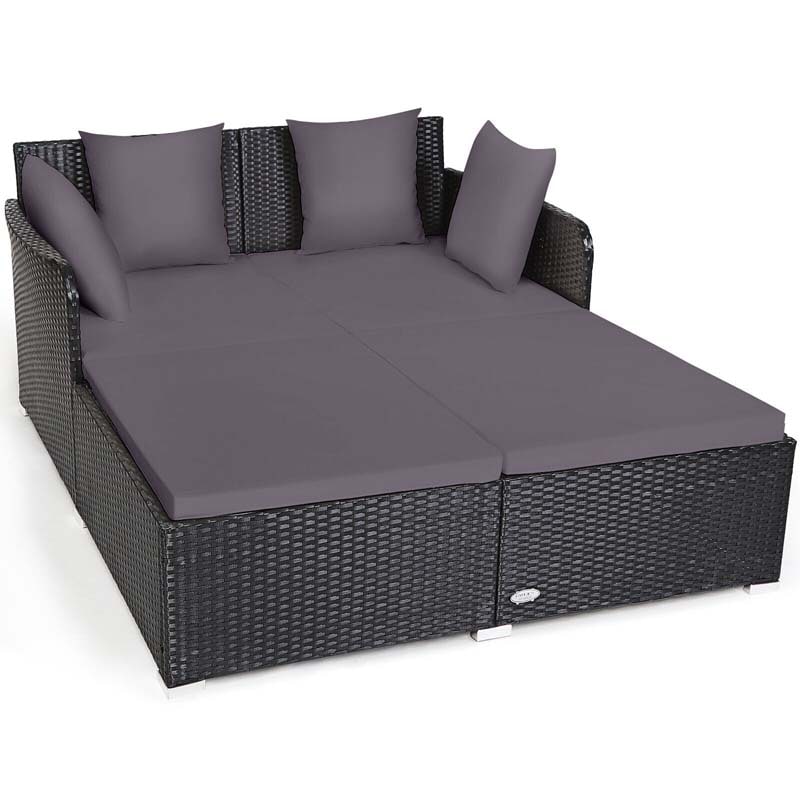 Outdoor Wicker Rattan Daybed, 2 Person Patio Chaise Lounge Chair with Cushions & 4 Pillows for Poolside Backyard Garden Balcony