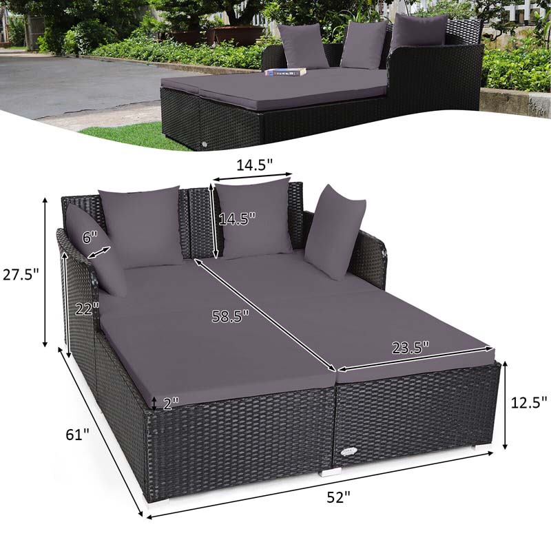 Outdoor Wicker Rattan Daybed, 2 Person Patio Chaise Lounge Chair with Cushions & 4 Pillows for Poolside Backyard Garden Balcony