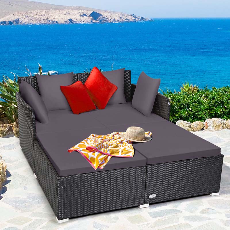 Outdoor Wicker Rattan Daybed, 2 Person Patio Chaise Lounge Chair with Cushions & 4 Pillows for Poolside Backyard Garden Balcony