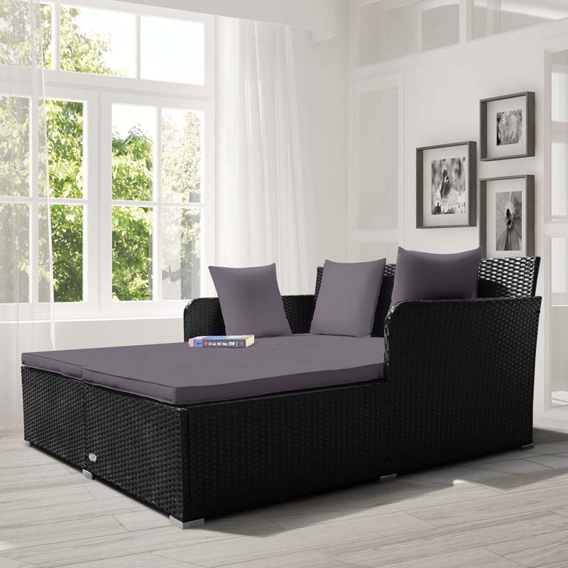 Outdoor Wicker Rattan Daybed, 2 Person Patio Chaise Lounge Chair with Cushions & 4 Pillows for Poolside Backyard Garden Balcony