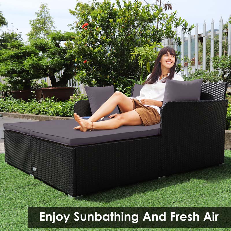 Outdoor Wicker Rattan Daybed, 2 Person Patio Chaise Lounge Chair with Cushions & 4 Pillows for Poolside Backyard Garden Balcony