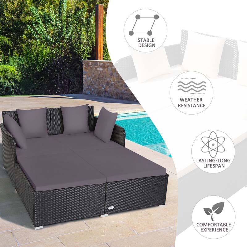 Outdoor Wicker Rattan Daybed, 2 Person Patio Chaise Lounge Chair with Cushions & 4 Pillows for Poolside Backyard Garden Balcony