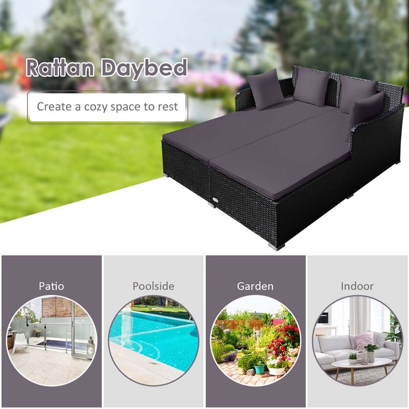 Outdoor Wicker Rattan Daybed, 2 Person Patio Chaise Lounge Chair with Cushions & 4 Pillows for Poolside Backyard Garden Balcony