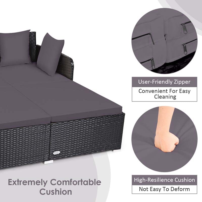 Outdoor Wicker Rattan Daybed, 2 Person Patio Chaise Lounge Chair with Cushions & 4 Pillows for Poolside Backyard Garden Balcony