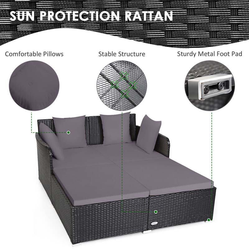 Outdoor Wicker Rattan Daybed, 2 Person Patio Chaise Lounge Chair with Cushions & 4 Pillows for Poolside Backyard Garden Balcony