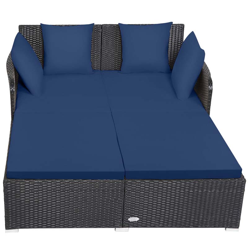Outdoor Wicker Rattan Daybed, 2 Person Patio Chaise Lounge Chair with Cushions & 4 Pillows for Poolside Backyard Garden Balcony