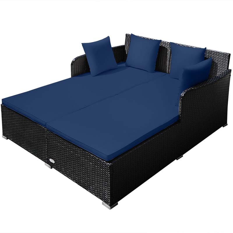 Outdoor Wicker Rattan Daybed, 2 Person Patio Chaise Lounge Chair with Cushions & 4 Pillows for Poolside Backyard Garden Balcony