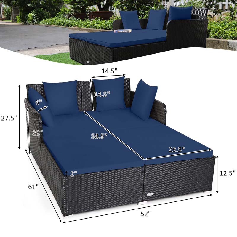 Outdoor Wicker Rattan Daybed, 2 Person Patio Chaise Lounge Chair with Cushions & 4 Pillows for Poolside Backyard Garden Balcony