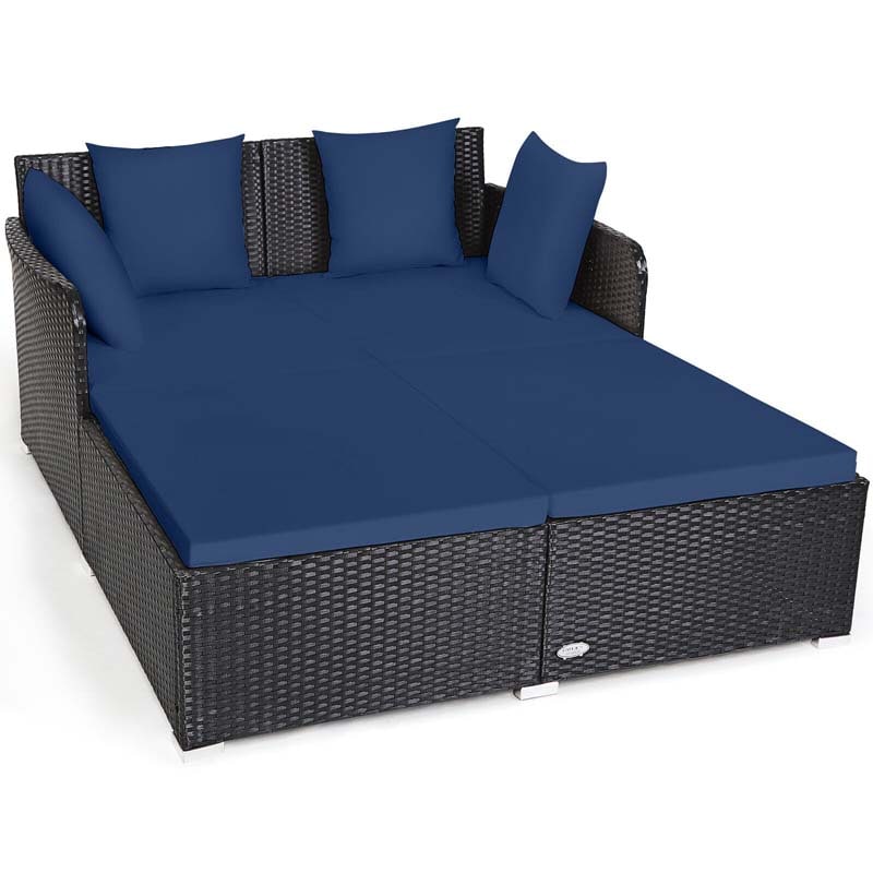Outdoor Wicker Rattan Daybed, 2 Person Patio Chaise Lounge Chair with Cushions & 4 Pillows for Poolside Backyard Garden Balcony
