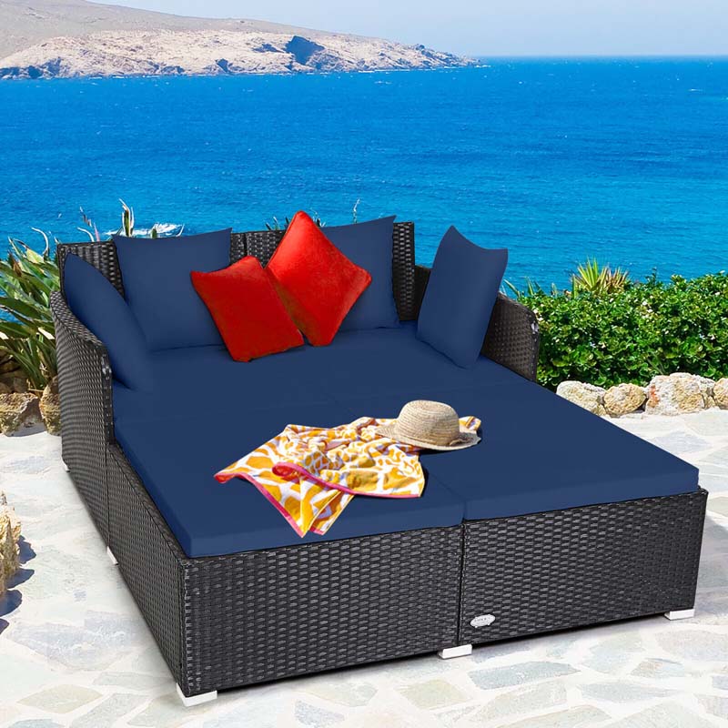 Outdoor Wicker Rattan Daybed, 2 Person Patio Chaise Lounge Chair with Cushions & 4 Pillows for Poolside Backyard Garden Balcony