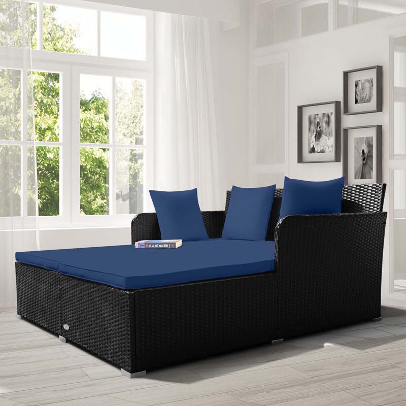 Outdoor Wicker Rattan Daybed, 2 Person Patio Chaise Lounge Chair with Cushions & 4 Pillows for Poolside Backyard Garden Balcony