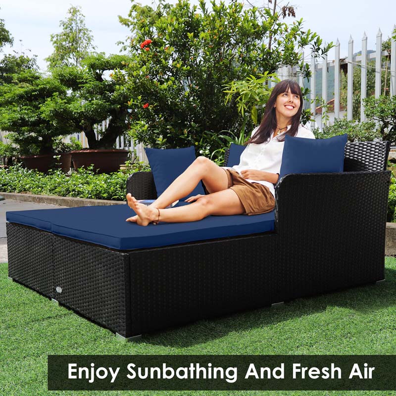 Outdoor Wicker Rattan Daybed, 2 Person Patio Chaise Lounge Chair with Cushions & 4 Pillows for Poolside Backyard Garden Balcony