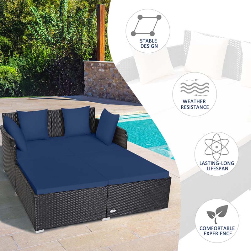 Outdoor Wicker Rattan Daybed, 2 Person Patio Chaise Lounge Chair with Cushions & 4 Pillows for Poolside Backyard Garden Balcony
