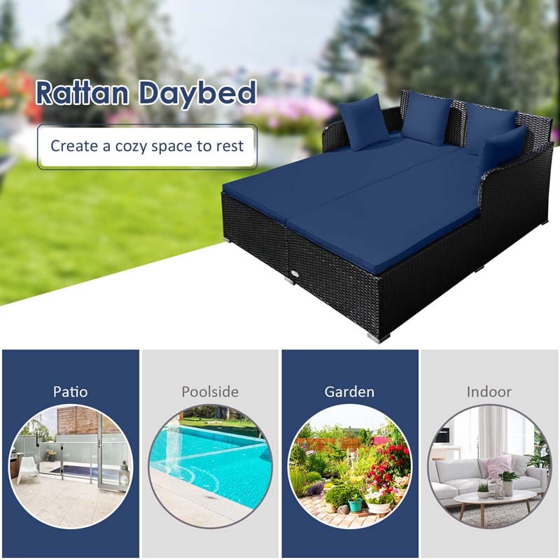 Outdoor Wicker Rattan Daybed, 2 Person Patio Chaise Lounge Chair with Cushions & 4 Pillows for Poolside Backyard Garden Balcony