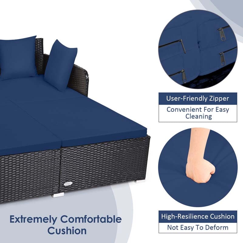 Outdoor Wicker Rattan Daybed, 2 Person Patio Chaise Lounge Chair with Cushions & 4 Pillows for Poolside Backyard Garden Balcony