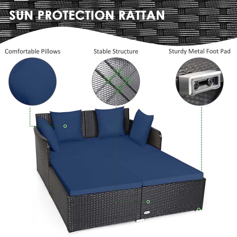 Outdoor Wicker Rattan Daybed, 2 Person Patio Chaise Lounge Chair with Cushions & 4 Pillows for Poolside Backyard Garden Balcony