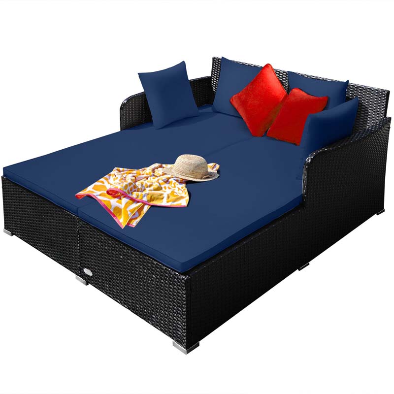 Outdoor Wicker Rattan Daybed, 2 Person Patio Chaise Lounge Chair with Cushions & 4 Pillows for Poolside Backyard Garden Balcony