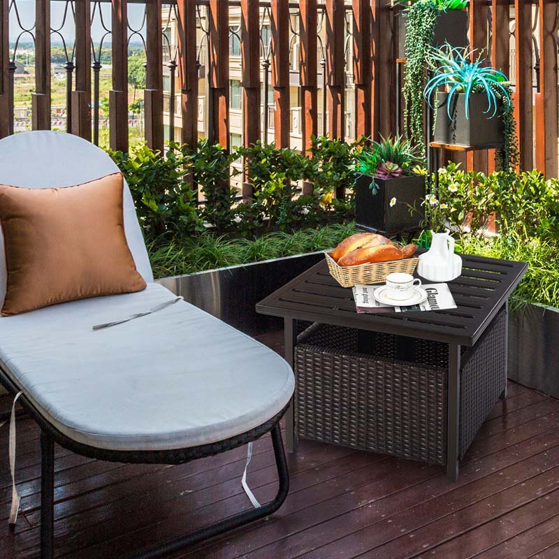 22" Rattan Wicker Steel Outdoor Patio Bistro Side Table Stand with 1.6" Umbrella Hole, Side Square Table for Deck Pool Garden