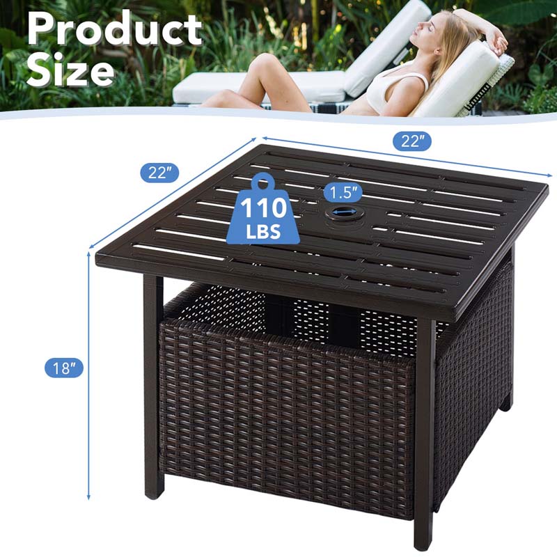 22" Rattan Wicker Steel Outdoor Patio Bistro Side Table Stand with 1.6" Umbrella Hole, Side Square Table for Deck Pool Garden