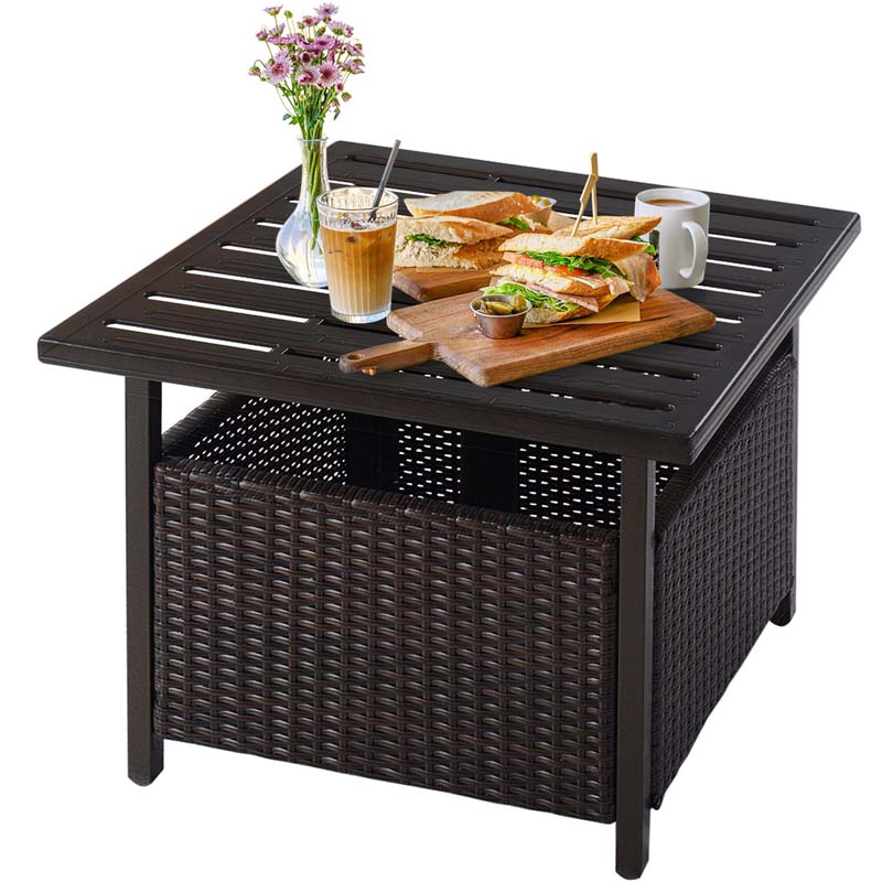 22" Rattan Wicker Steel Outdoor Patio Bistro Side Table Stand with 1.6" Umbrella Hole, Side Square Table for Deck Pool Garden