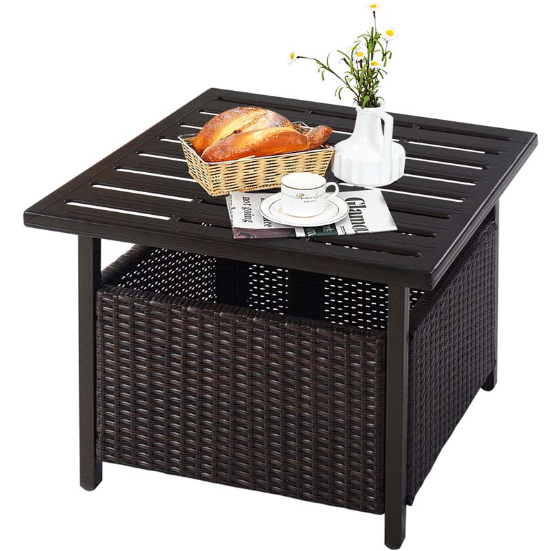 22" Rattan Wicker Steel Outdoor Patio Bistro Side Table Stand with 1.6" Umbrella Hole, Side Square Table for Deck Pool Garden