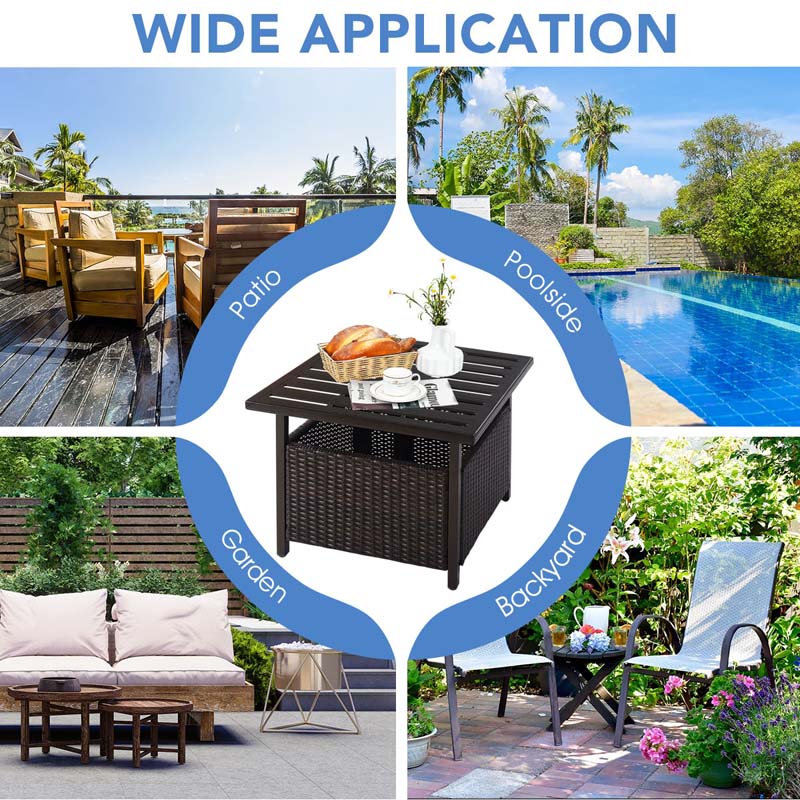 22" Rattan Wicker Steel Outdoor Patio Bistro Side Table Stand with 1.6" Umbrella Hole, Side Square Table for Deck Pool Garden