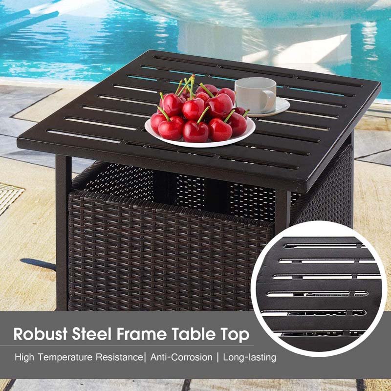 22" Rattan Wicker Steel Outdoor Patio Bistro Side Table Stand with 1.6" Umbrella Hole, Side Square Table for Deck Pool Garden