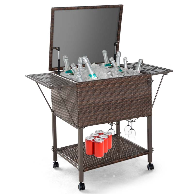 108 QT Rattan Rolling Beverage Wine Cooler Cart Outdoor Patio Side Table Bar Cart with Cooler & Lower Shelf