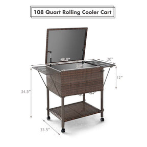 108 QT Rattan Rolling Beverage Wine Cooler Cart Outdoor Patio Side Table Bar Cart with Cooler & Lower Shelf