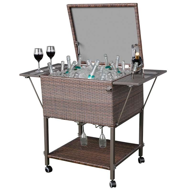 108 QT Rattan Rolling Beverage Wine Cooler Cart Outdoor Patio Side Table Bar Cart with Cooler & Lower Shelf