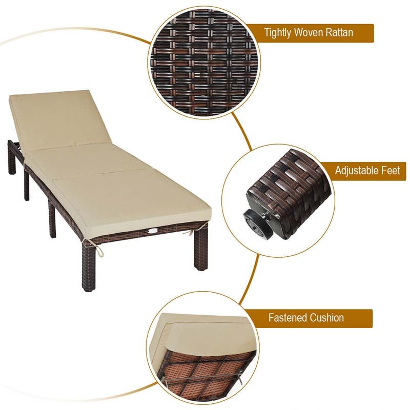 Outdoor Rattan Chaise Lounge, Adjustable Backrest Patio Wicker Lounger Recliner Chair with Zippered Cushions for Backyard Garden Poolside