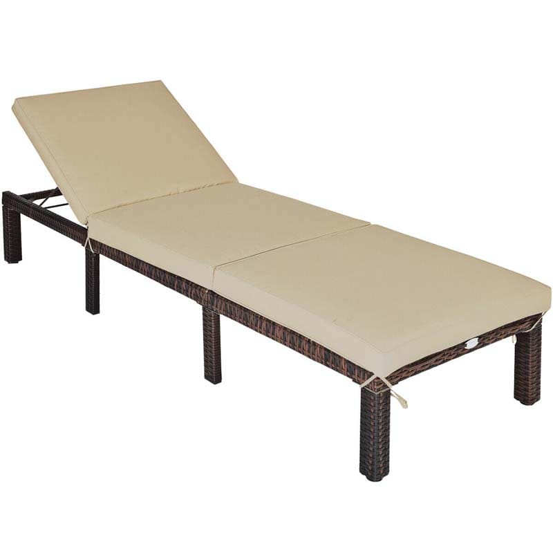 Outdoor Rattan Chaise Lounge, Adjustable Backrest Patio Wicker Lounger Recliner Chair with Zippered Cushions for Backyard Garden Poolside