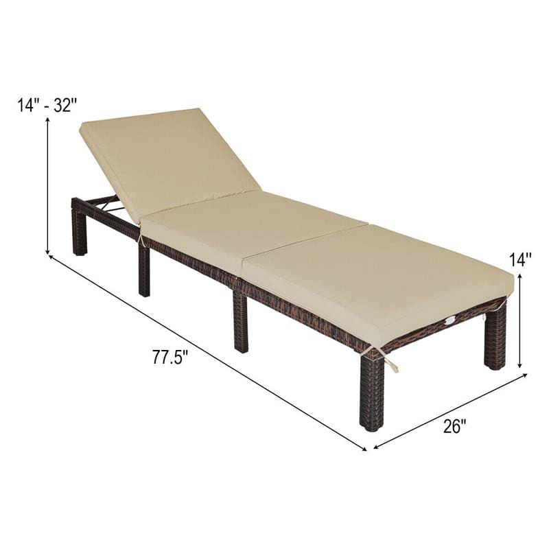 Outdoor Rattan Chaise Lounge, Adjustable Backrest Patio Wicker Lounger Recliner Chair with Zippered Cushions for Backyard Garden Poolside