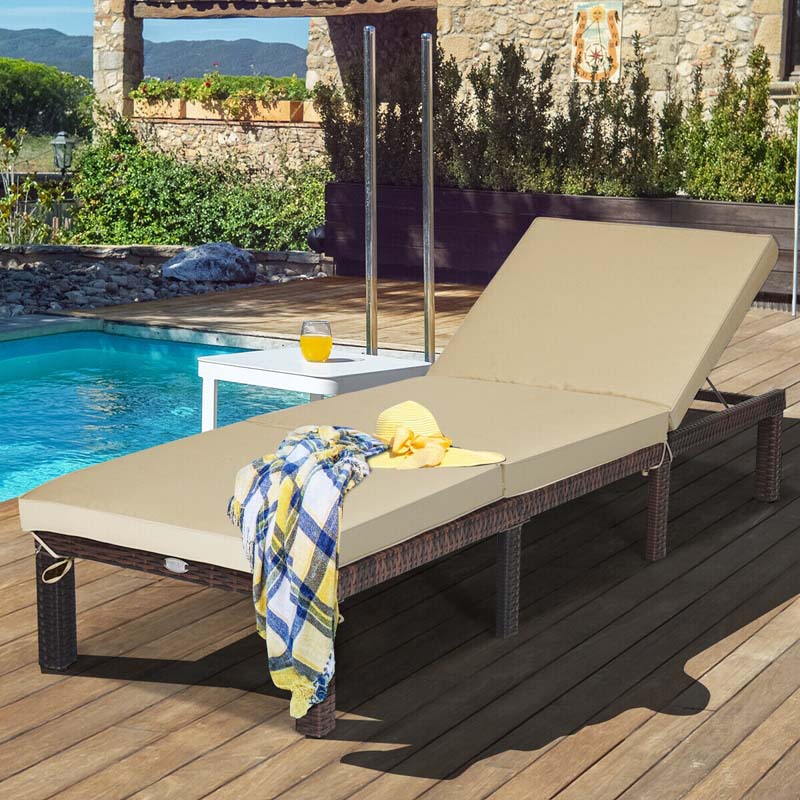Outdoor Rattan Chaise Lounge, Adjustable Backrest Patio Wicker Lounger Recliner Chair with Zippered Cushions for Backyard Garden Poolside