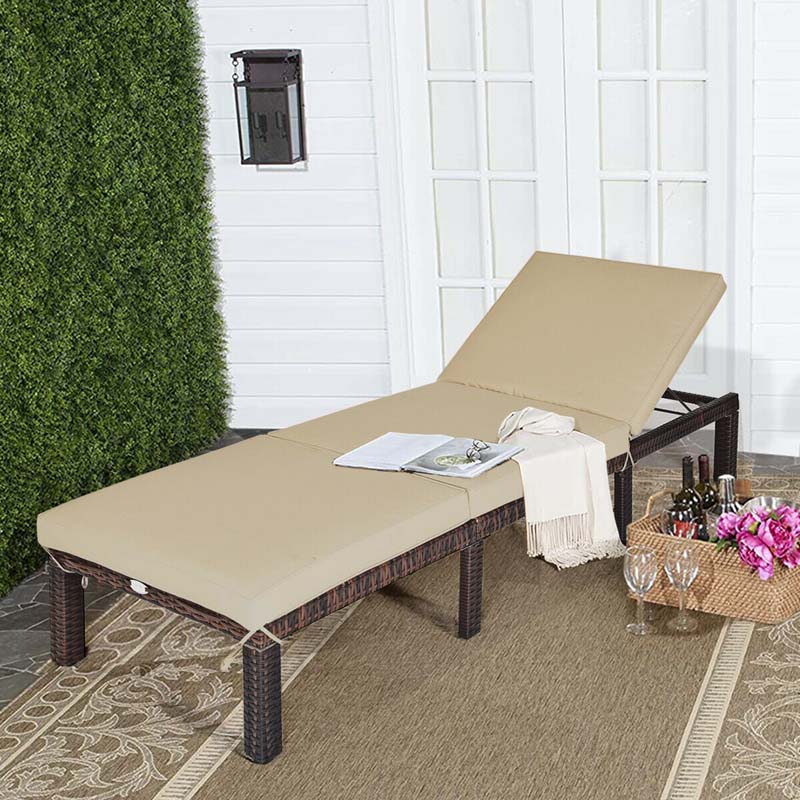 Outdoor Rattan Chaise Lounge, Adjustable Backrest Patio Wicker Lounger Recliner Chair with Zippered Cushions for Backyard Garden Poolside