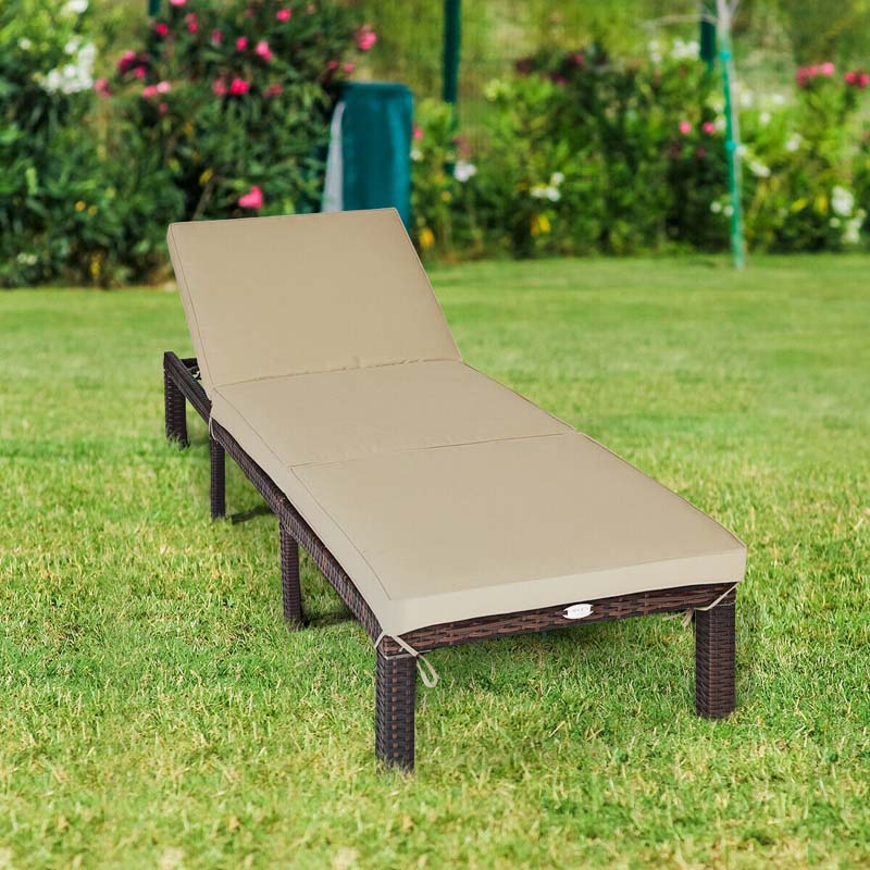 Outdoor Rattan Chaise Lounge, Adjustable Backrest Patio Wicker Lounger Recliner Chair with Zippered Cushions for Backyard Garden Poolside