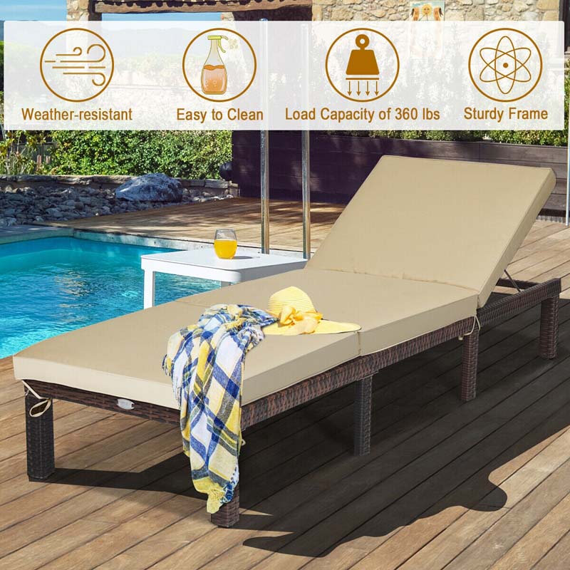 Outdoor Rattan Chaise Lounge, Adjustable Backrest Patio Wicker Lounger Recliner Chair with Zippered Cushions for Backyard Garden Poolside