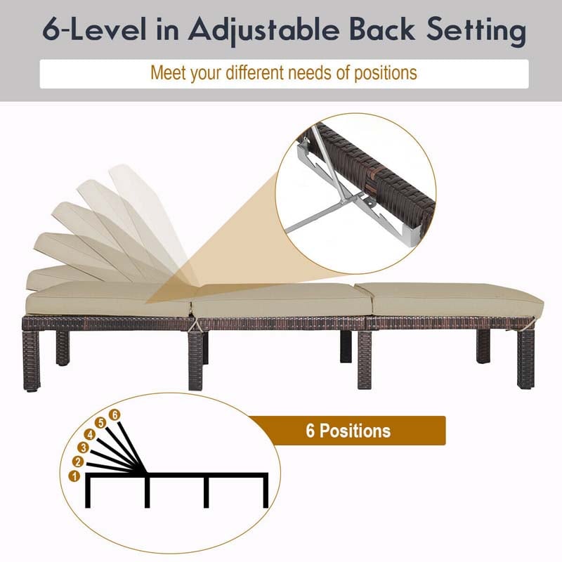 Outdoor Rattan Chaise Lounge, Adjustable Backrest Patio Wicker Lounger Recliner Chair with Zippered Cushions for Backyard Garden Poolside