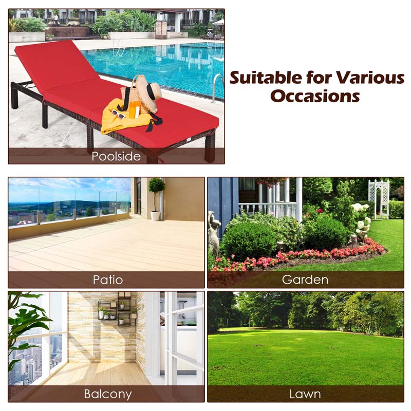 Outdoor Rattan Chaise Lounge, Adjustable Backrest Patio Wicker Lounger Recliner Chair with Zippered Cushions for Backyard Garden Poolside