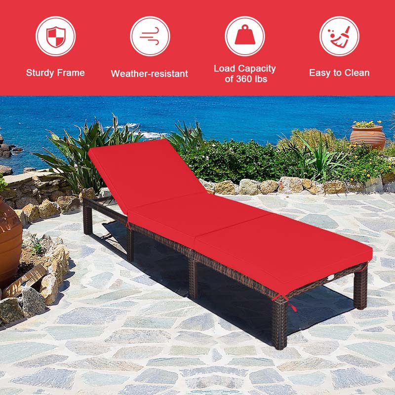 Outdoor Rattan Chaise Lounge, Adjustable Backrest Patio Wicker Lounger Recliner Chair with Zippered Cushions for Backyard Garden Poolside