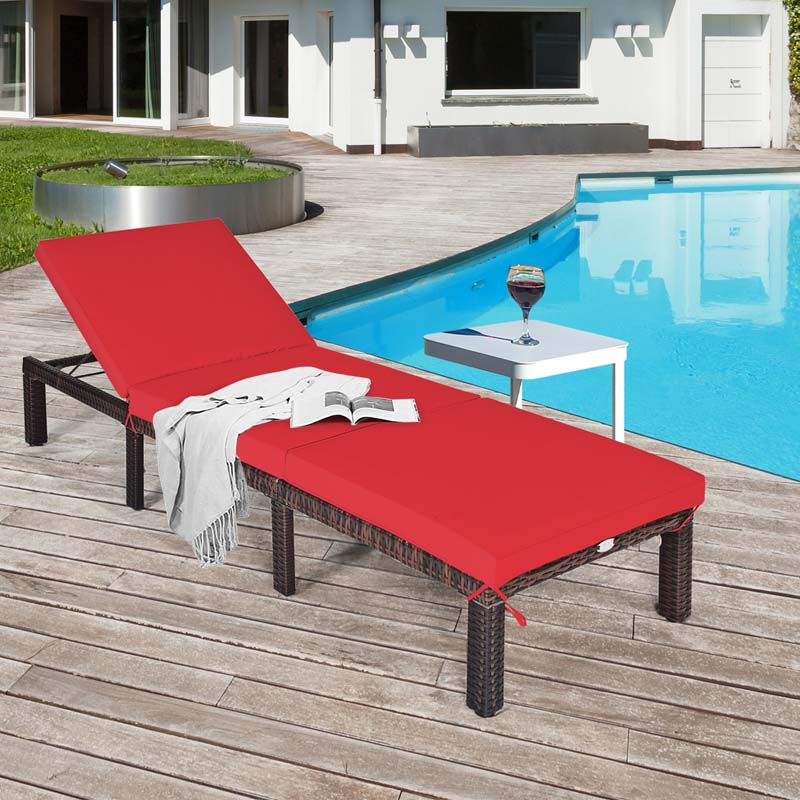 Outdoor Rattan Chaise Lounge, Adjustable Backrest Patio Wicker Lounger Recliner Chair with Zippered Cushions for Backyard Garden Poolside