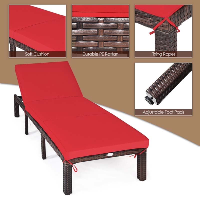Outdoor Rattan Chaise Lounge, Adjustable Backrest Patio Wicker Lounger Recliner Chair with Zippered Cushions for Backyard Garden Poolside