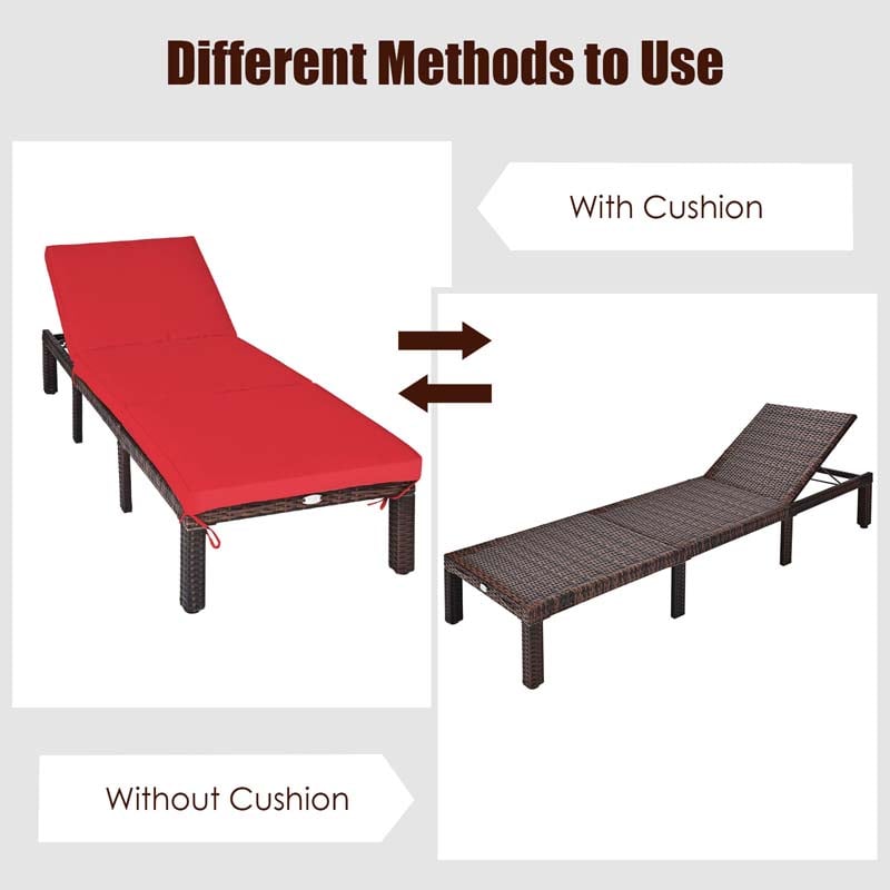 Outdoor Rattan Chaise Lounge, Adjustable Backrest Patio Wicker Lounger Recliner Chair with Zippered Cushions for Backyard Garden Poolside