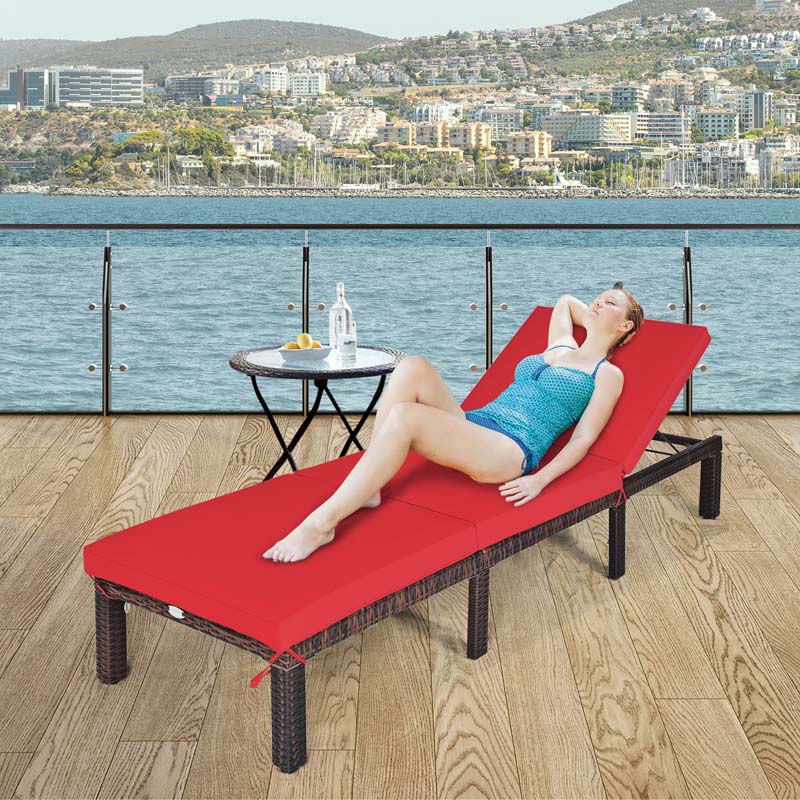 Outdoor Rattan Chaise Lounge, Adjustable Backrest Patio Wicker Lounger Recliner Chair with Zippered Cushions for Backyard Garden Poolside
