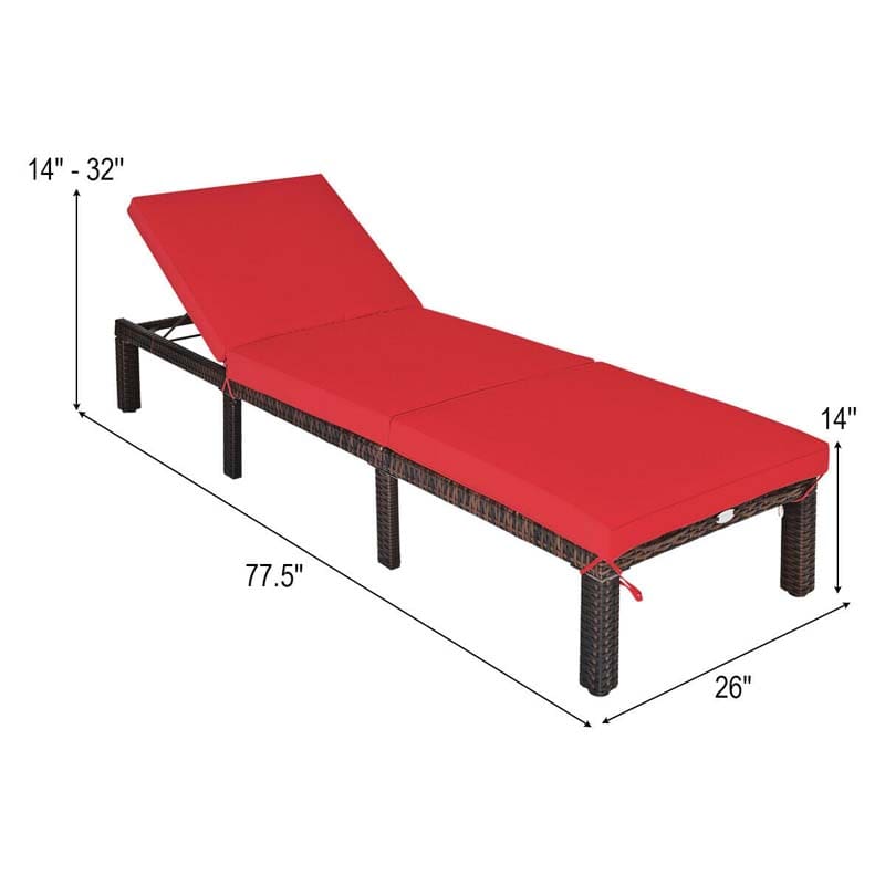 Outdoor Rattan Chaise Lounge, Adjustable Backrest Patio Wicker Lounger Recliner Chair with Zippered Cushions for Backyard Garden Poolside